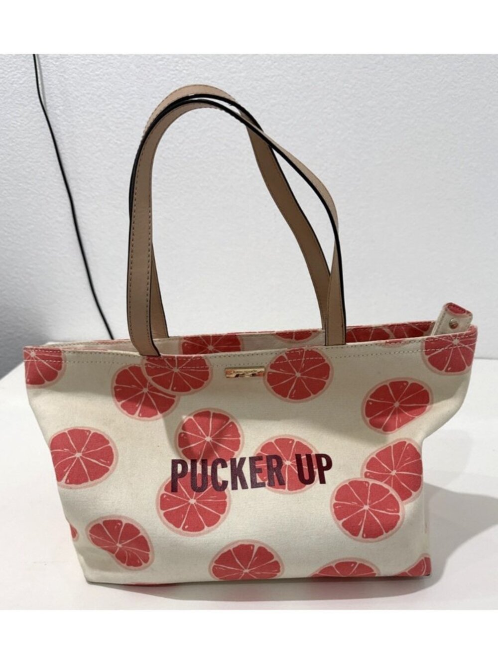 Kate Spade Flights Of Fancy Francis 'Pucker Up' Grapefruit Canvas Tote Purse Bag - Picture 3 of 11